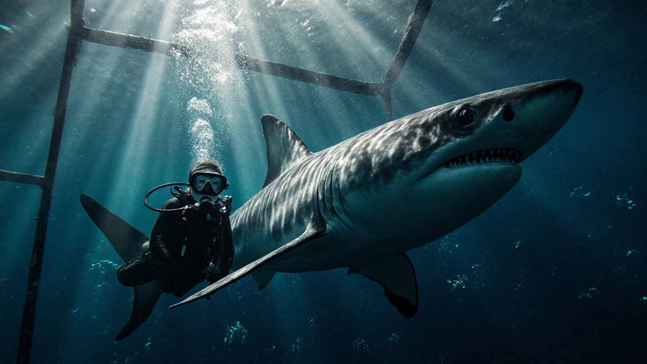 Дайвер в клетке смотрит на акулу в прозрачной воде Камчатки.