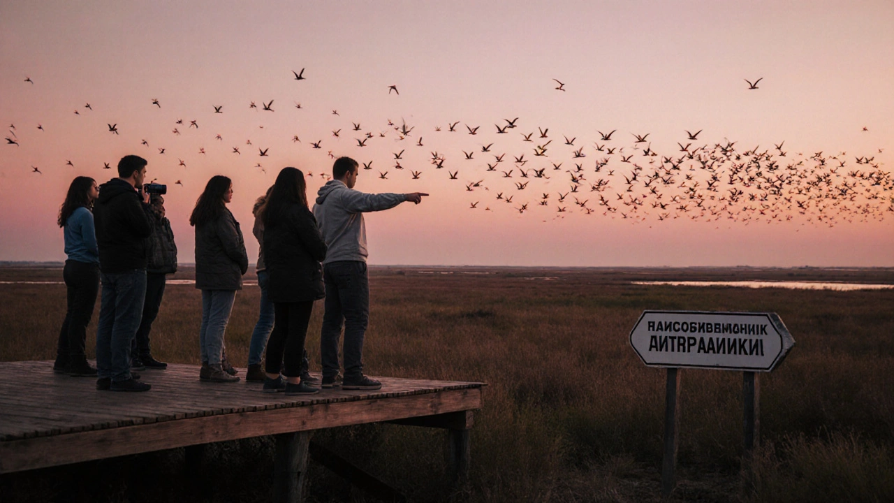 Группа посетителей с гидом наблюдает за журавлями и фламинго с смотровой площадки.
