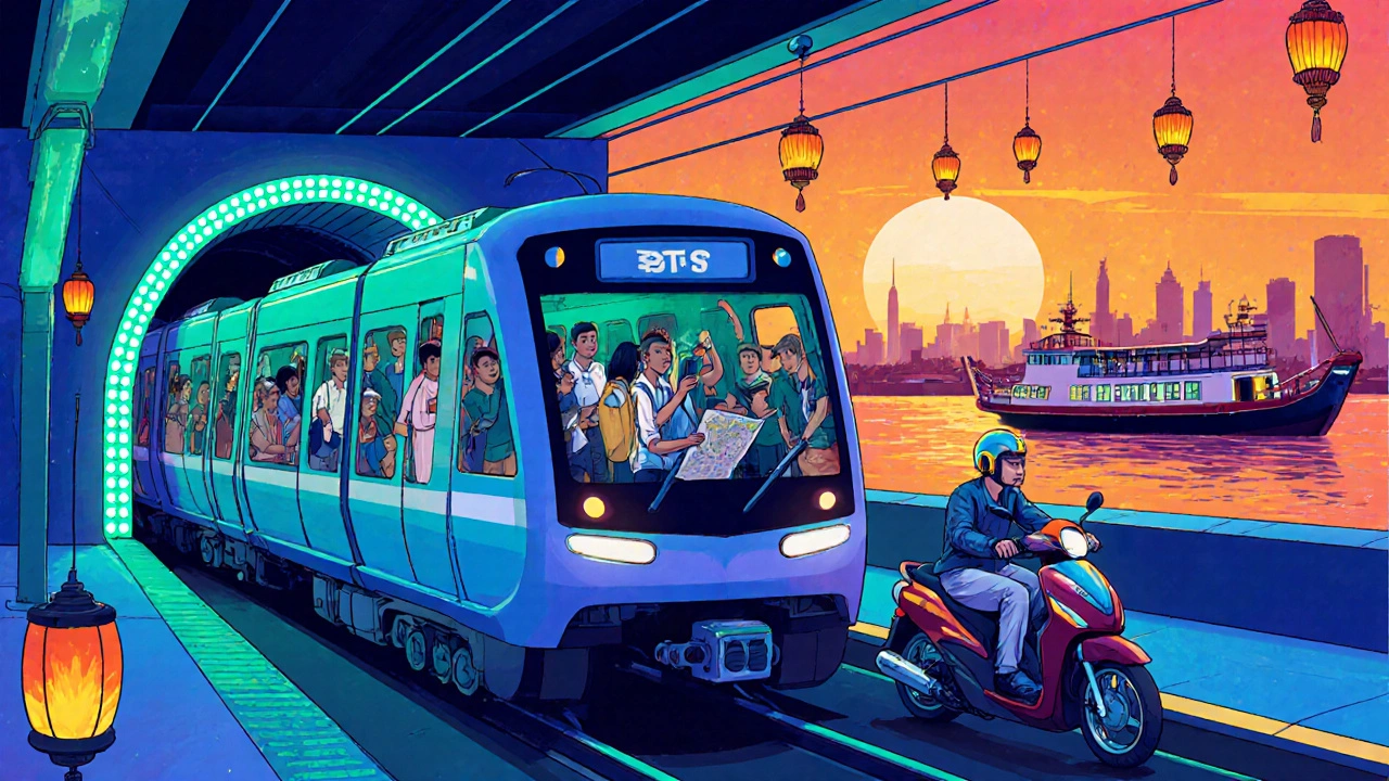 Иллюстрация транспортного узла: BTS, MRT, мото‑такси и речной паром в Бангкоке.