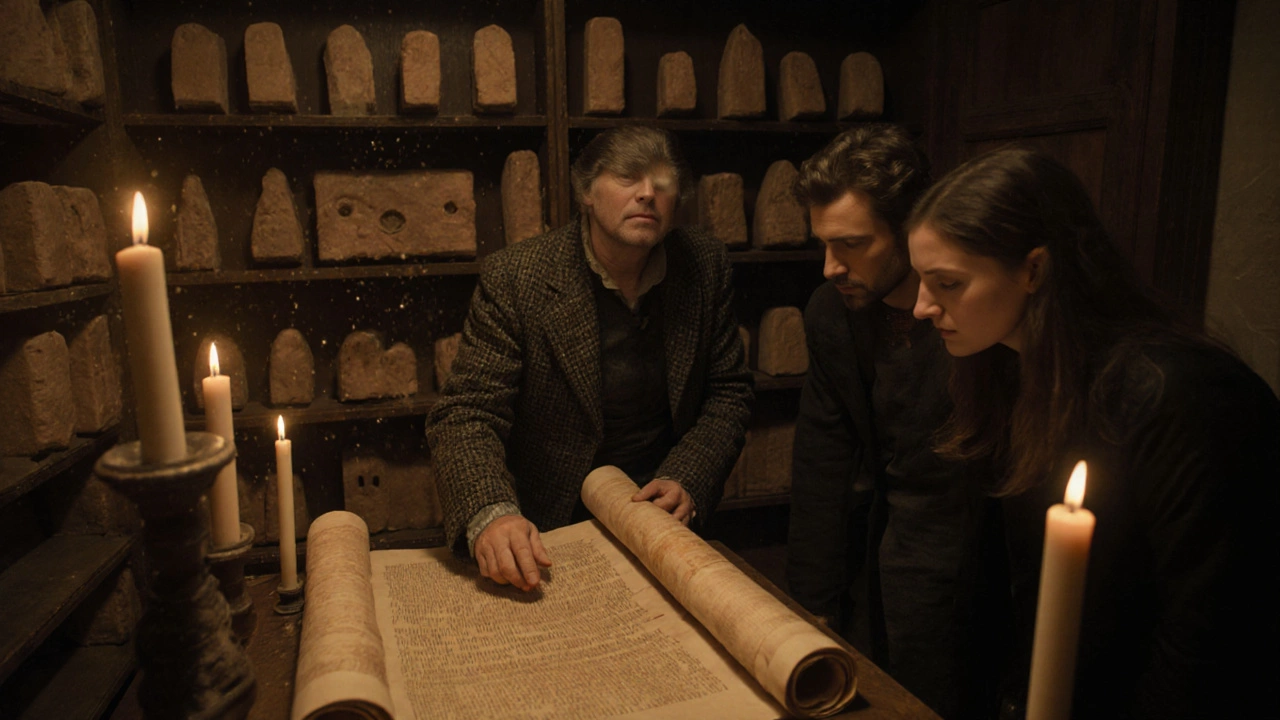 Историк разворачивает древний свиток в архивной комнате, посетители внимательно смотрят.