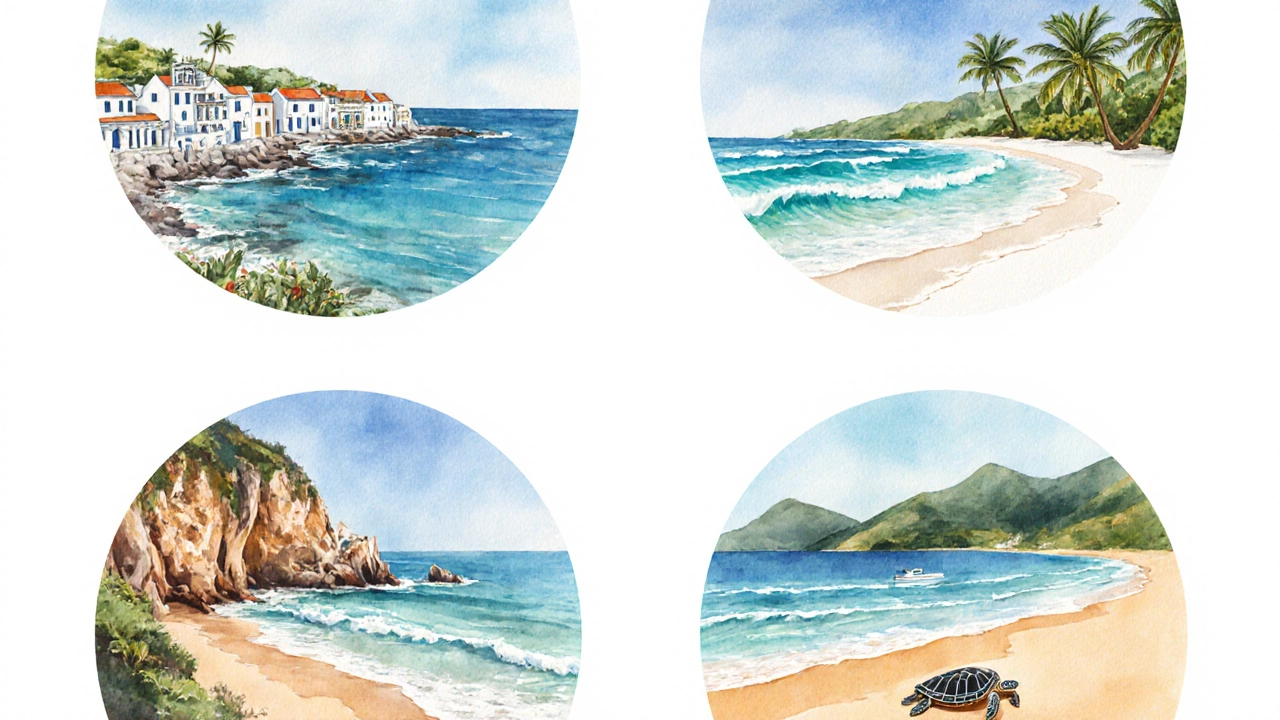 Коллаж из пяти пляжных сцен: Греция, Карибы, Таиланд, Сочи и Коста‑Рика.