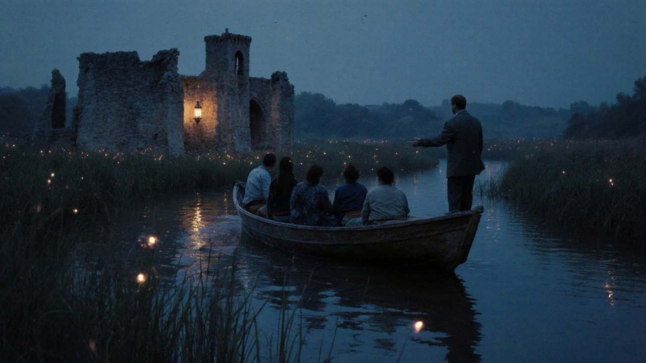 Лодка с туристами плывёт мимо руин монастыря на реке при закате, гид указывает на подводные остатки.