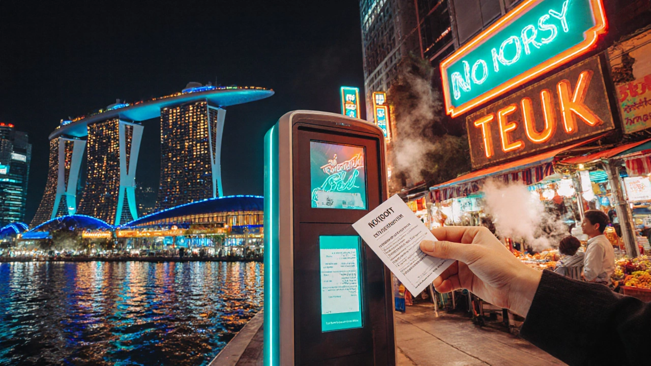 Ночной панорама Сингапура с Марина Бэй Сэндс, садами у залива и оживлённым хоукер‑центром, подчёркивающая дорогие услуги и бесплатные зоны.