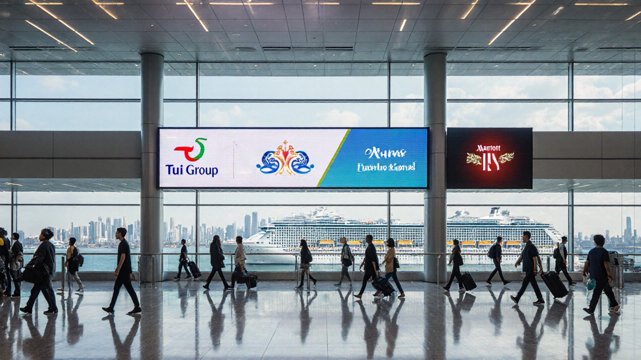 Оживлённый аэропорт с логотипами TUI, Emirates и Marriott, пассажиры и цифровые экраны.
