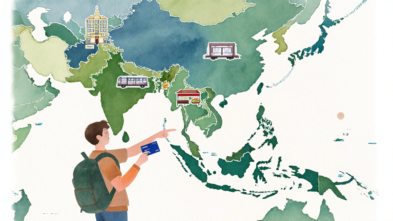 Путешественник в рюкзаке перед картой Азии, выбирает хостел, проездной билет и уличную еду, символизируя экономию в дорогих странах.