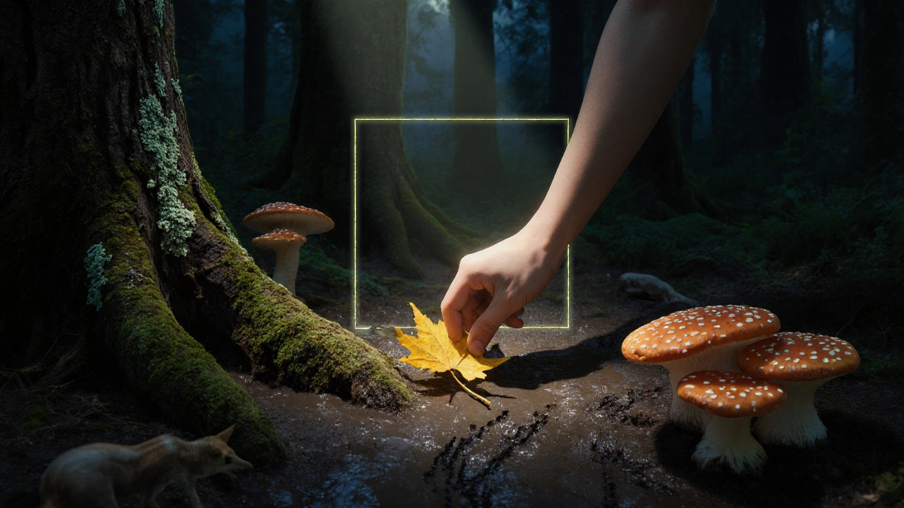 Рука кладет лист обратно в лес, вокруг — лишайники и следы животных в тишине природы.