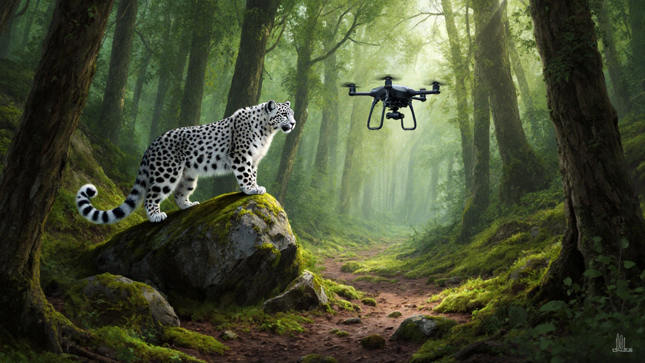 Снежный барс наблюдает за беспилотником в нетронутом лесу заповедника.