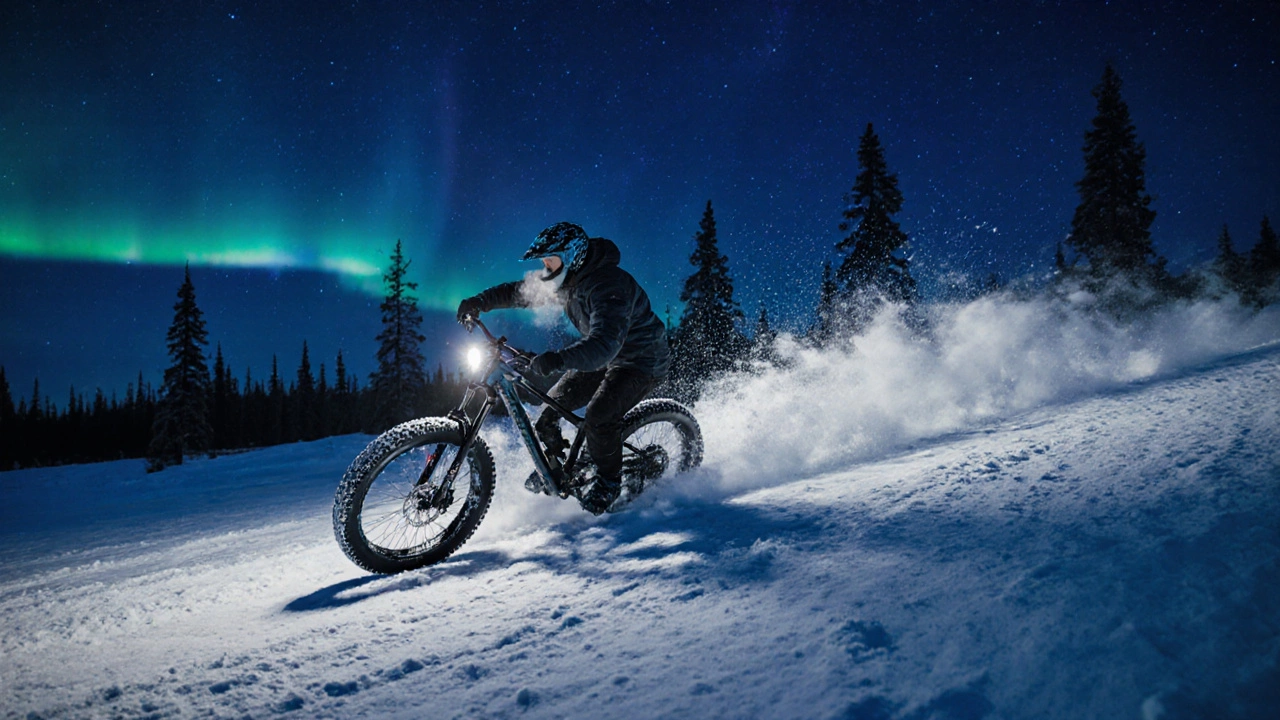 Сноубайкер совершает резкий поворот на снежной трассе в Сибири при сумерках.