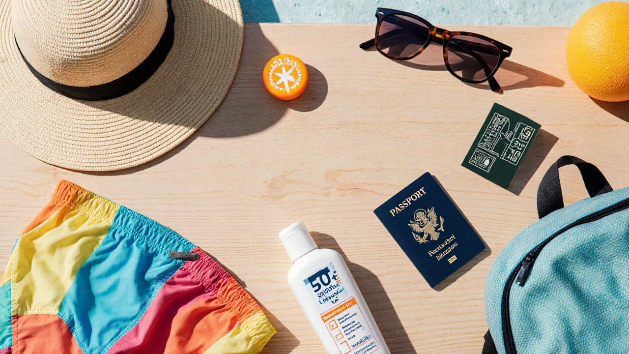 Топ‑вид сверху с пляжными вещами: купальник, солнцезащитный крем, шляпа, очки, рюкзак.