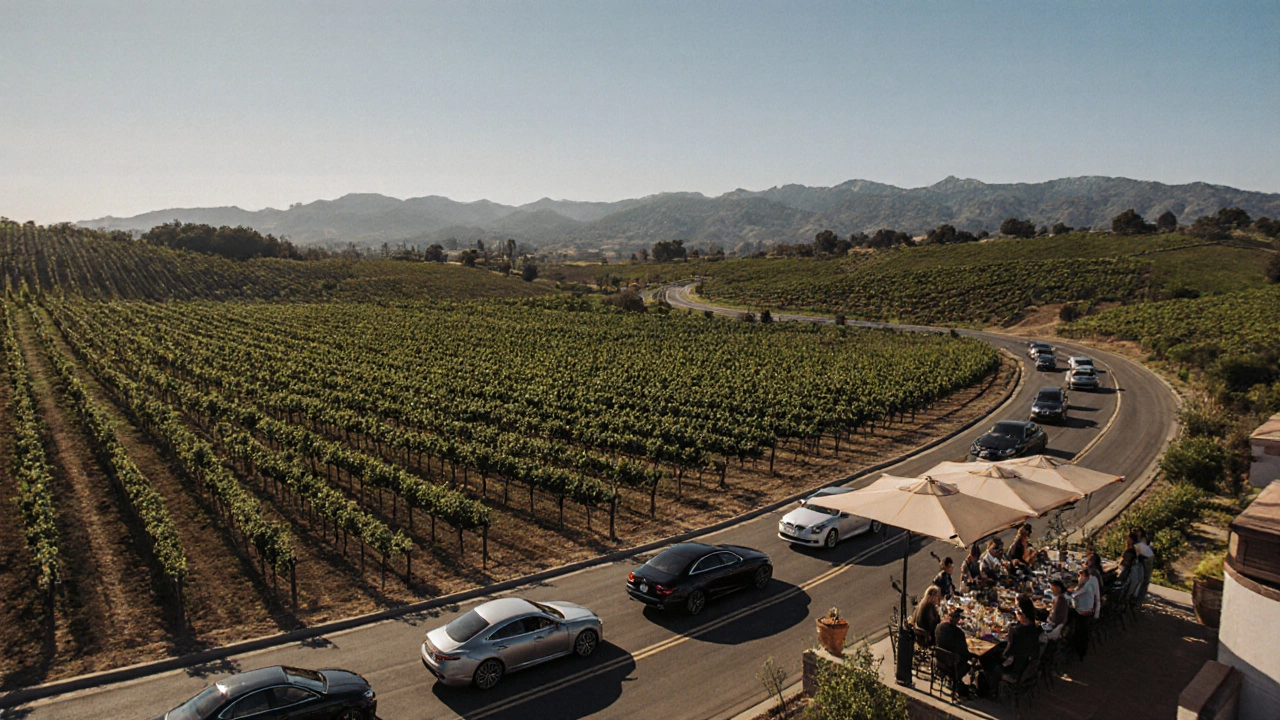 Виноградники Напа в конце лета, посетители дегустируют вино на террасе