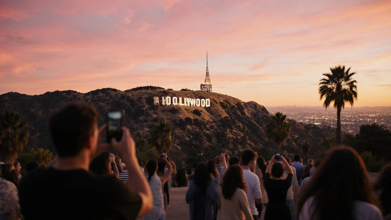 Знак Голливуда на фоне заката, туристы фотографируются у подножия