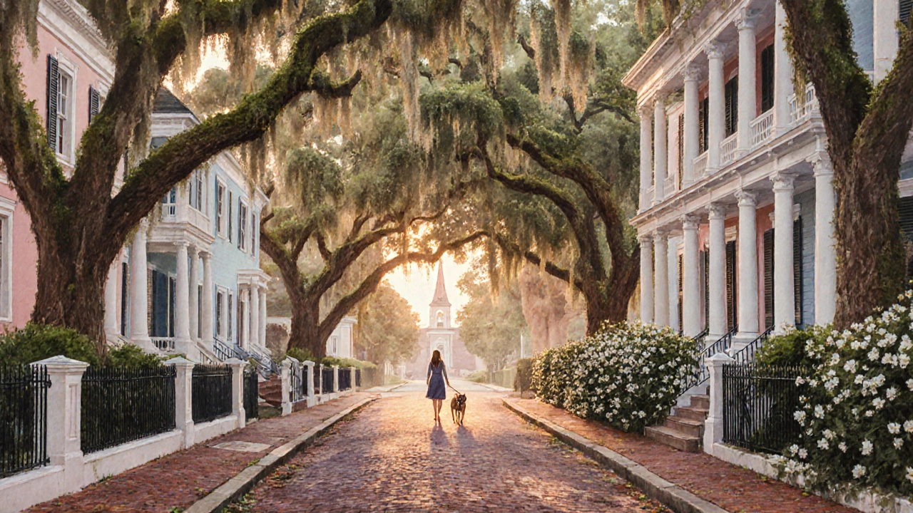 Чарлстон: мостовые и мхи под золотым светом заката