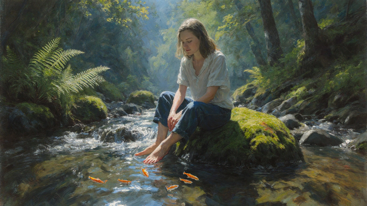 Человек сидит у ручья, босиком в воде, с закрытыми глазами, окруженный лесом и мягким светом.