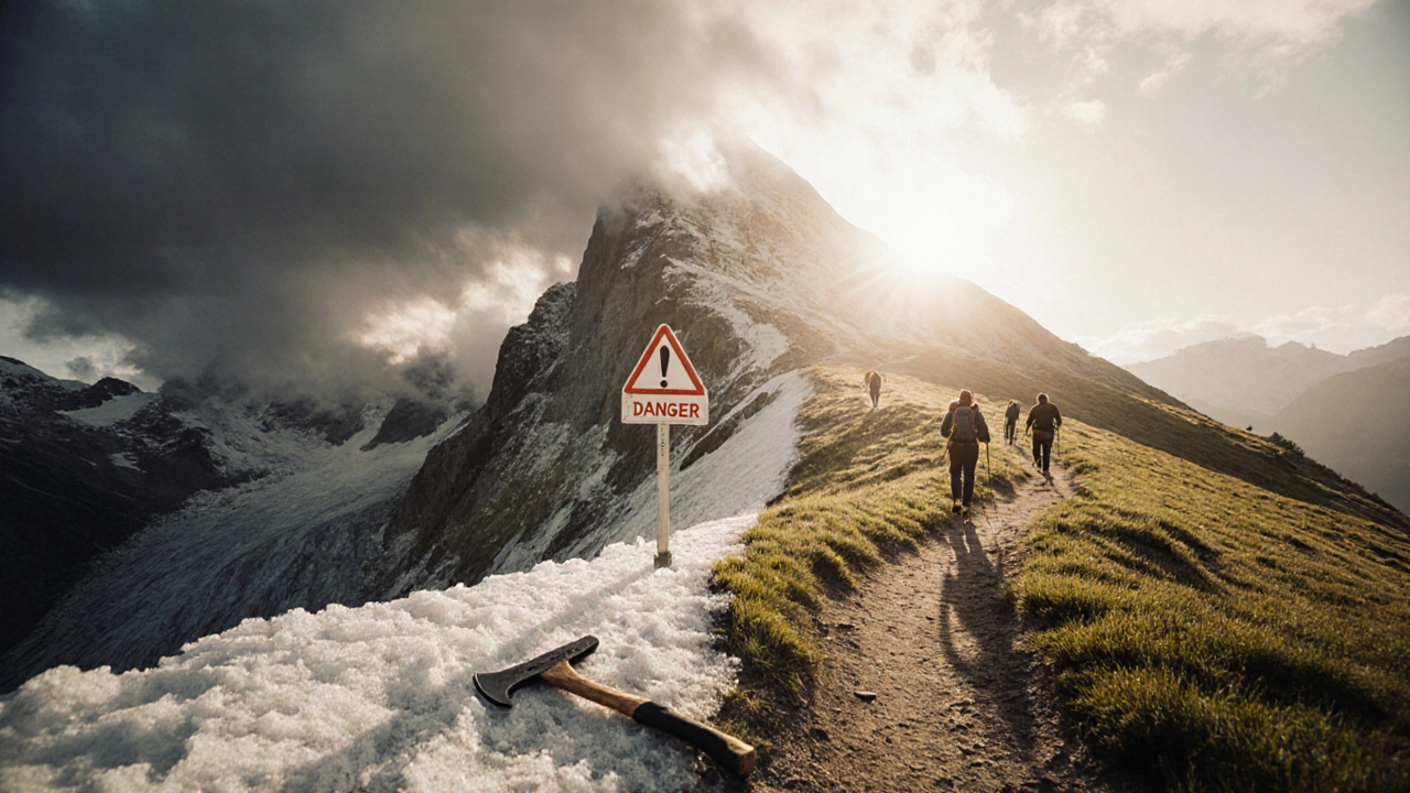 Два пути в горах: один опасный и ледяной, другой безопасный и солнечный, с символами здоровья и риска.