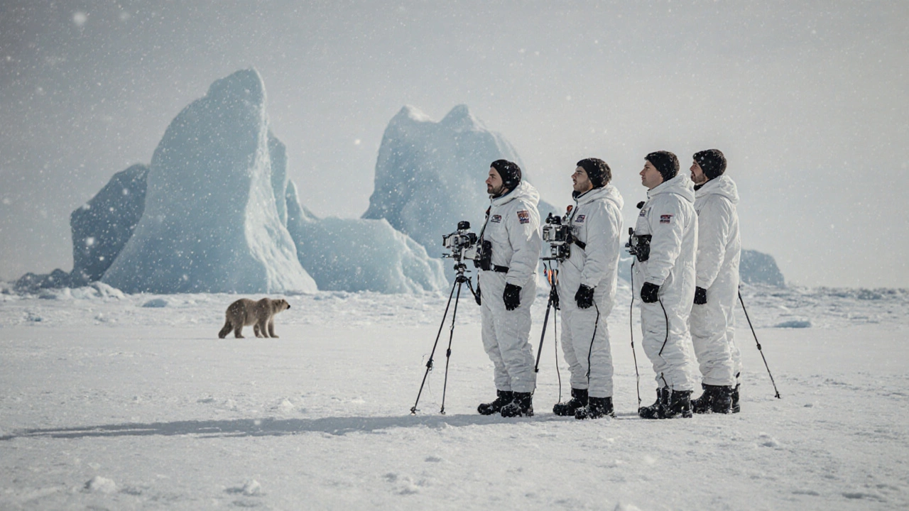 Экспедиция учёных на ледяной равнине с видом на айсберги и далёкого медведя в Арктике.