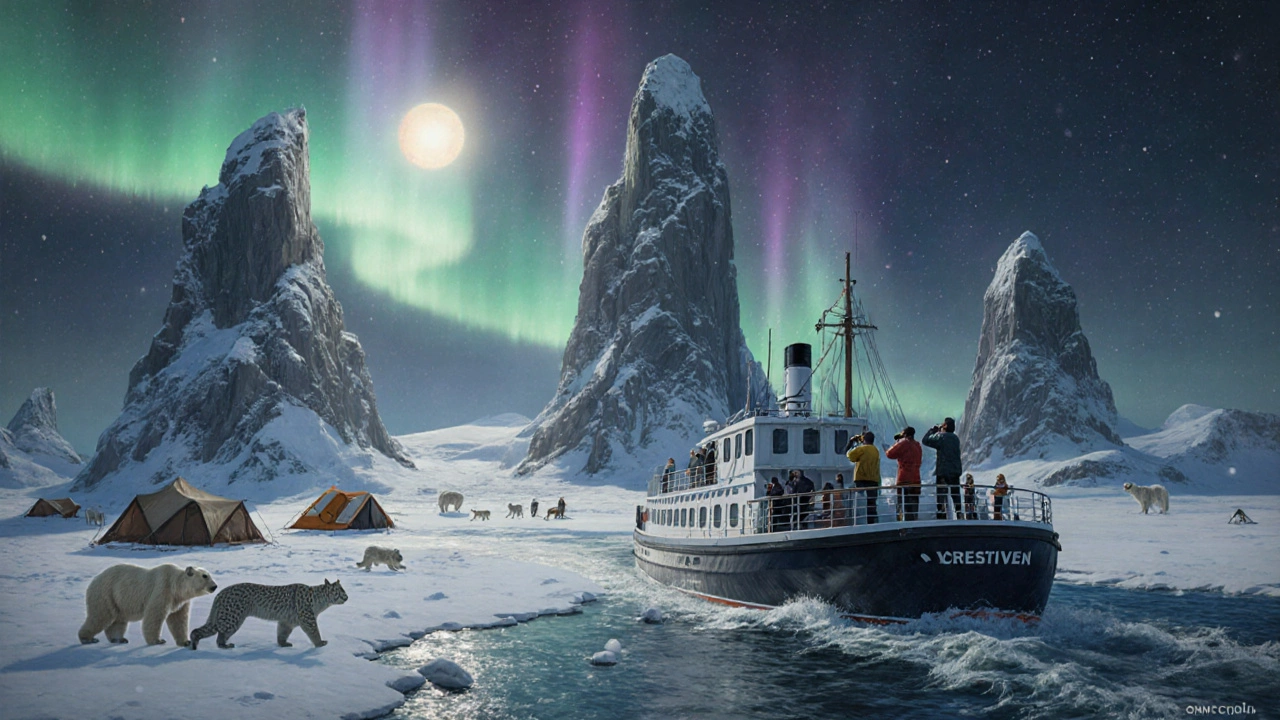 Экспедиционный круиз на Енисее с скалами Столбы и тундрой под полярным сиянием.