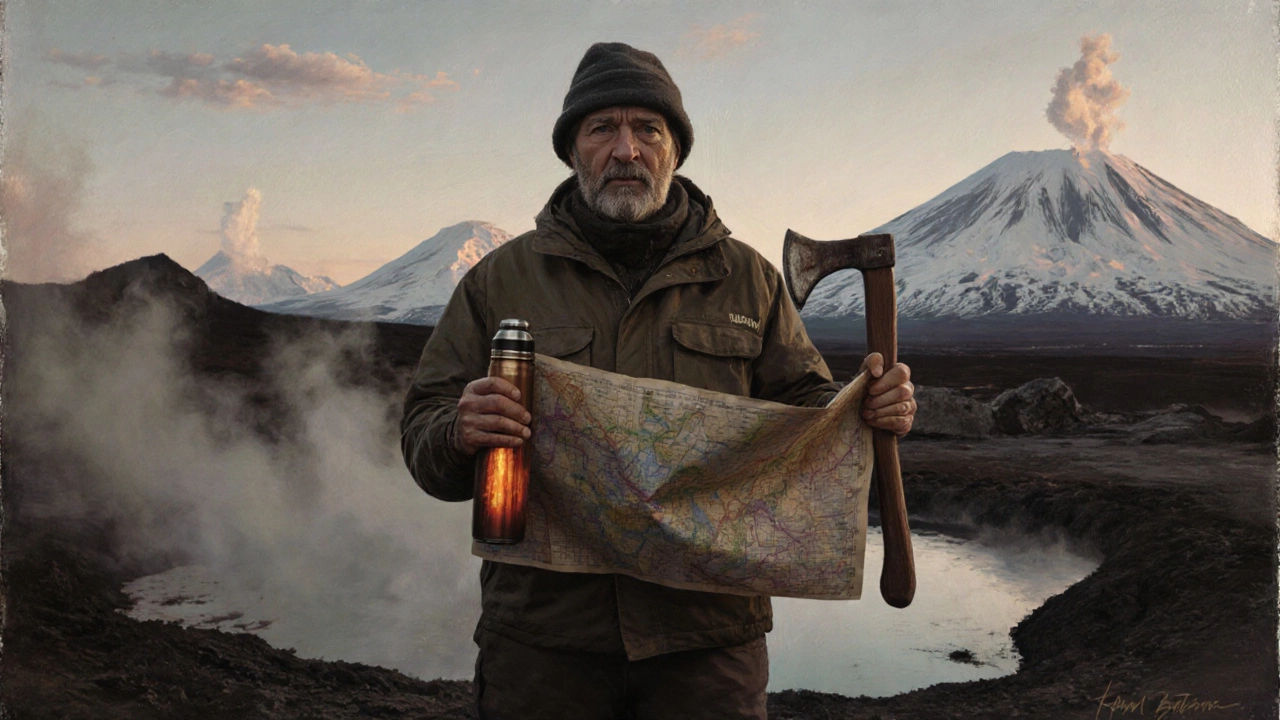 Гид в вулканической зоне Камчатки с картой и ледорубом, окружённый дымом и паром.