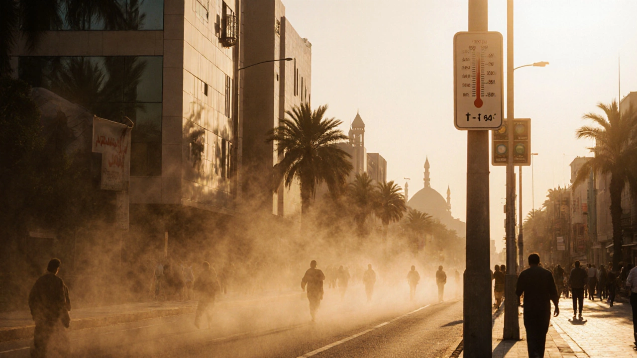 Город Ахваз в Иране: жара над асфальтом, люди в тени, термометр показывает +54°C.