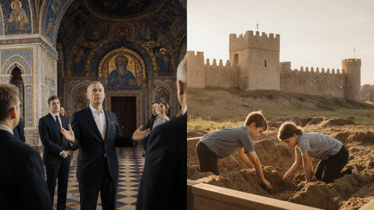 Историк объясняет мозаики группе, а дети копают в песочнице у древней крепости.