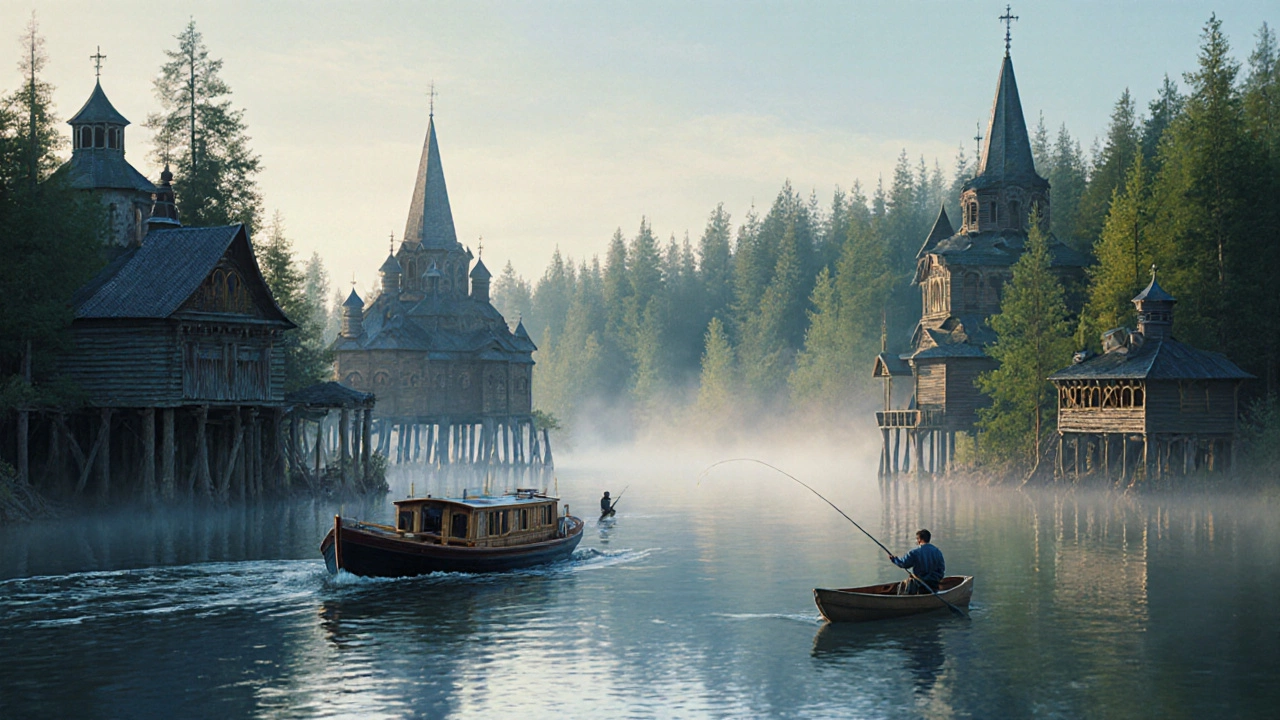 Малый теплоход в узких каналах Онежского озера среди древних деревянных церквей.