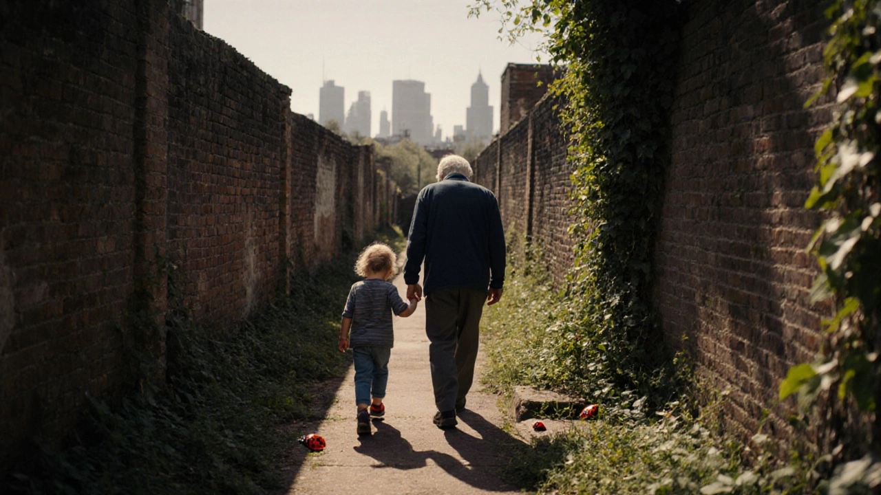 Мужчина и ребенок идут рука об руку по городской тропе, замечая мелкие детали природы в городе.