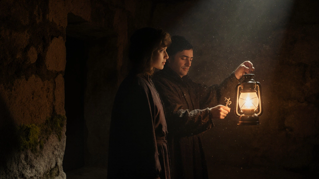 Путешественник и местный хранитель стоят у запертой двери в древней крепости в Костроме.