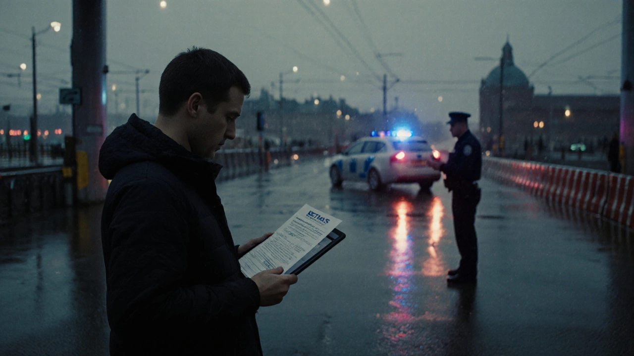 Путешественник на границе Шенгена под дождём с документами и офицером с планшетом.