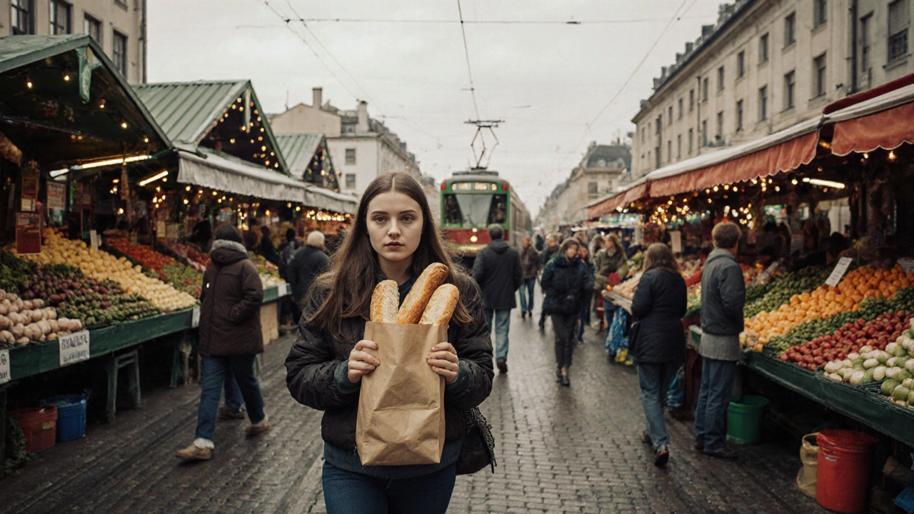 Российский турист покупает еду на рынке в Берлине.