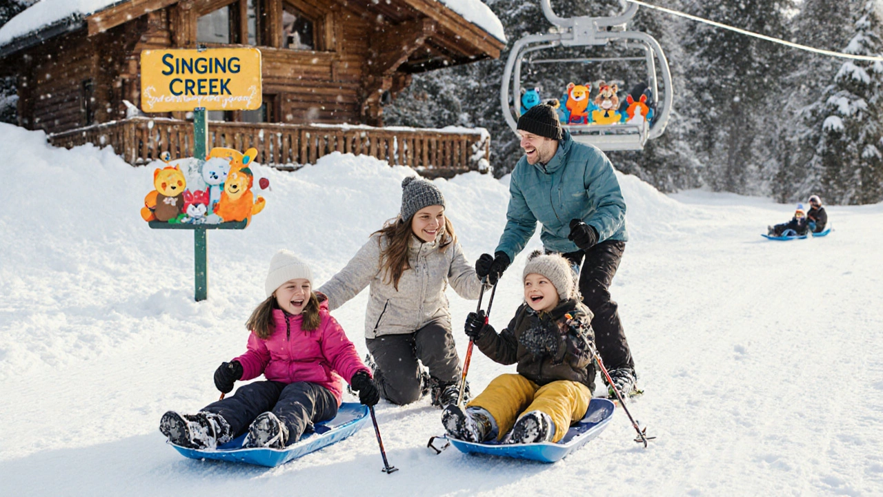 Семья с детьми катается на мягкой трассе для новичков, рядом — детский подъёмник с игрушками.