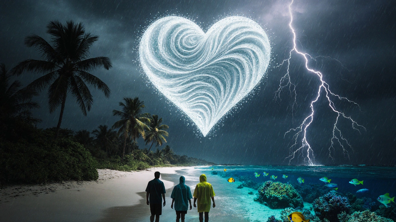 Сердце из капель над тропическим побережьем — символ связи дождя и экосистемы, люди в плащах идут по пляжу.