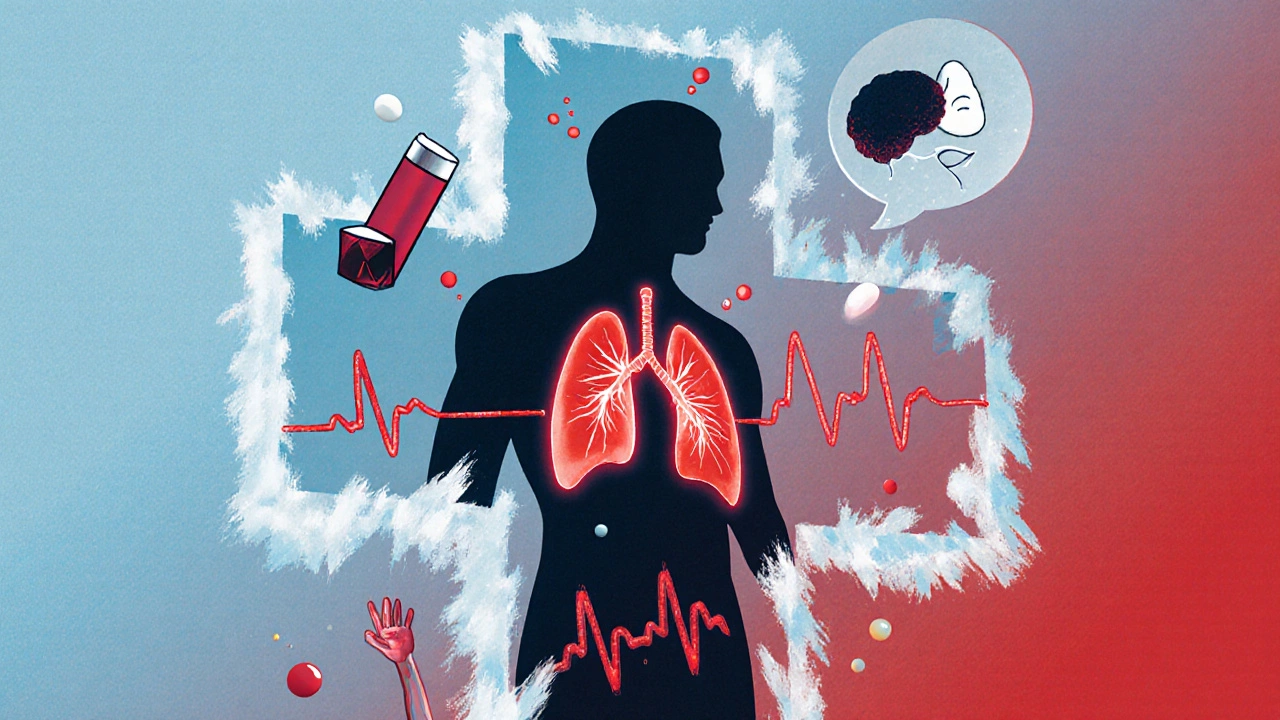Силуэт человека с предупреждающими символами на сердце, лёгких, глазах и мозге, на фоне холодных и кровавых тонов.