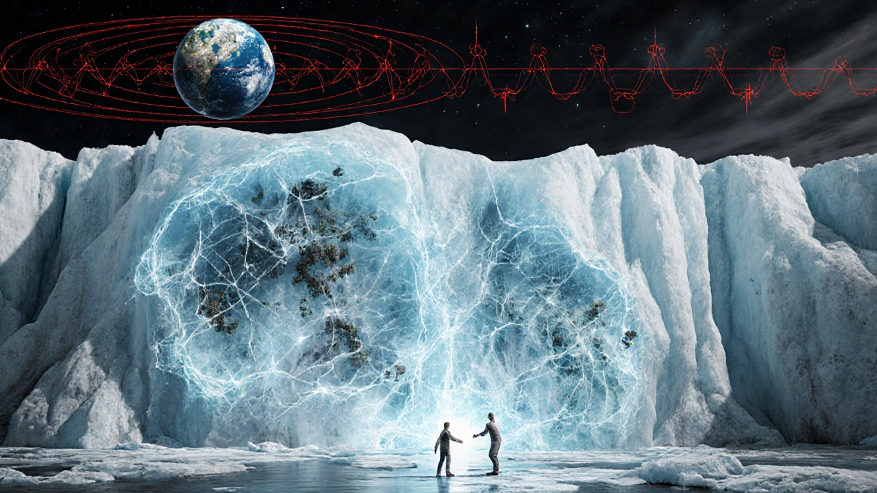 Символический ледяной архив с древними растениями и звёздами внутри льда, угрожаемый таянием.