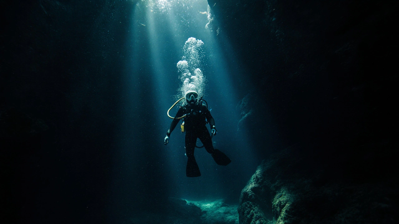Скафандр дайвера в подводной пещере с лучами света и мутной водой.