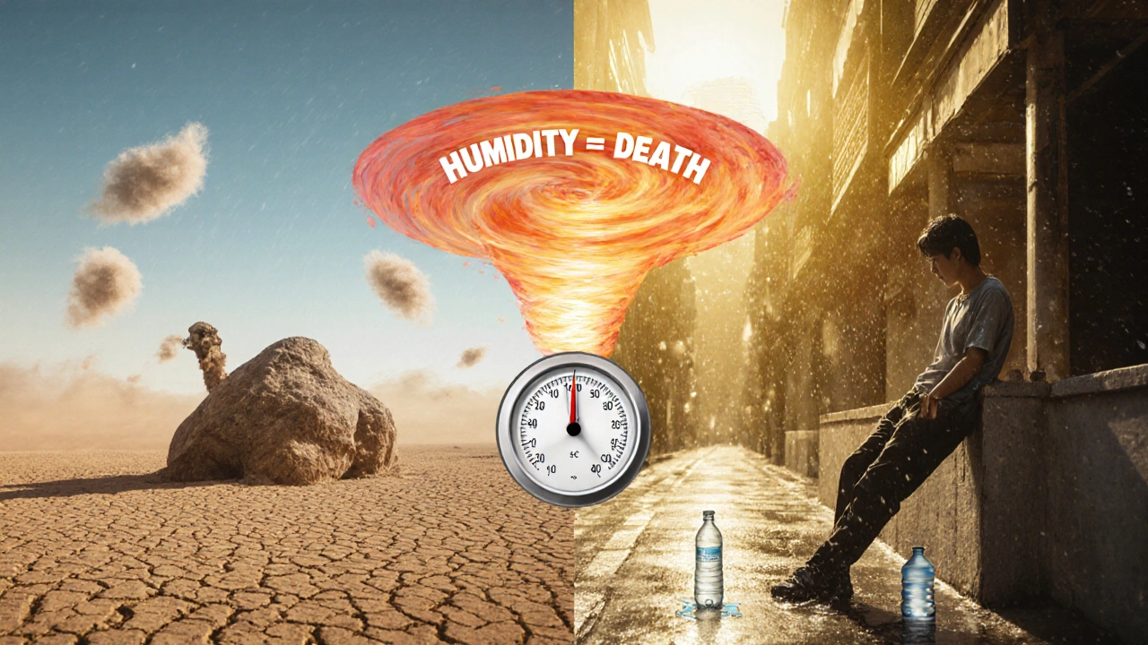 Сравнение жары: сухая пустыня Африки и влажный город Азии с символами опасности.