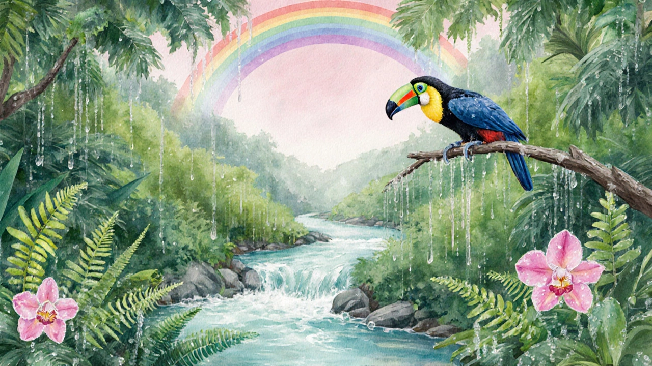 Утро после дождя в тропиках: радуга над джунглями, птица на ветке, капли на листьях, туман над рекой.