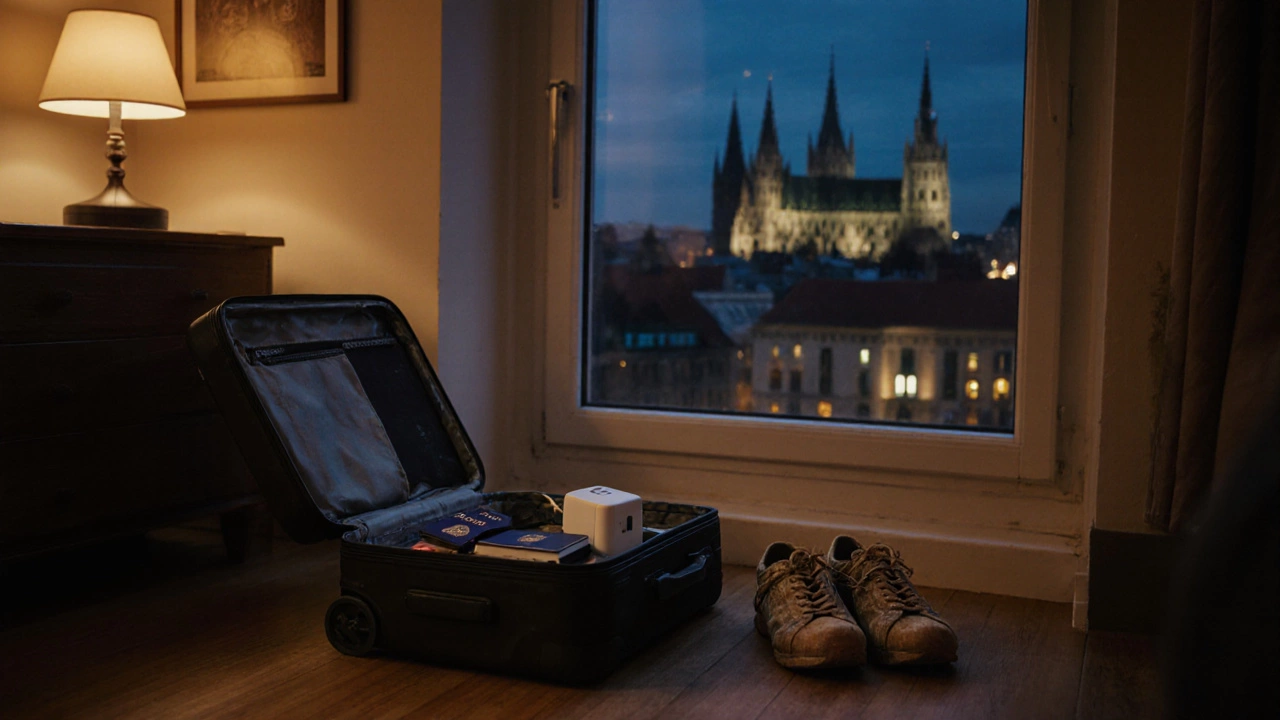 Уютная квартира в Вене с распакованным чемоданом и городским видом.