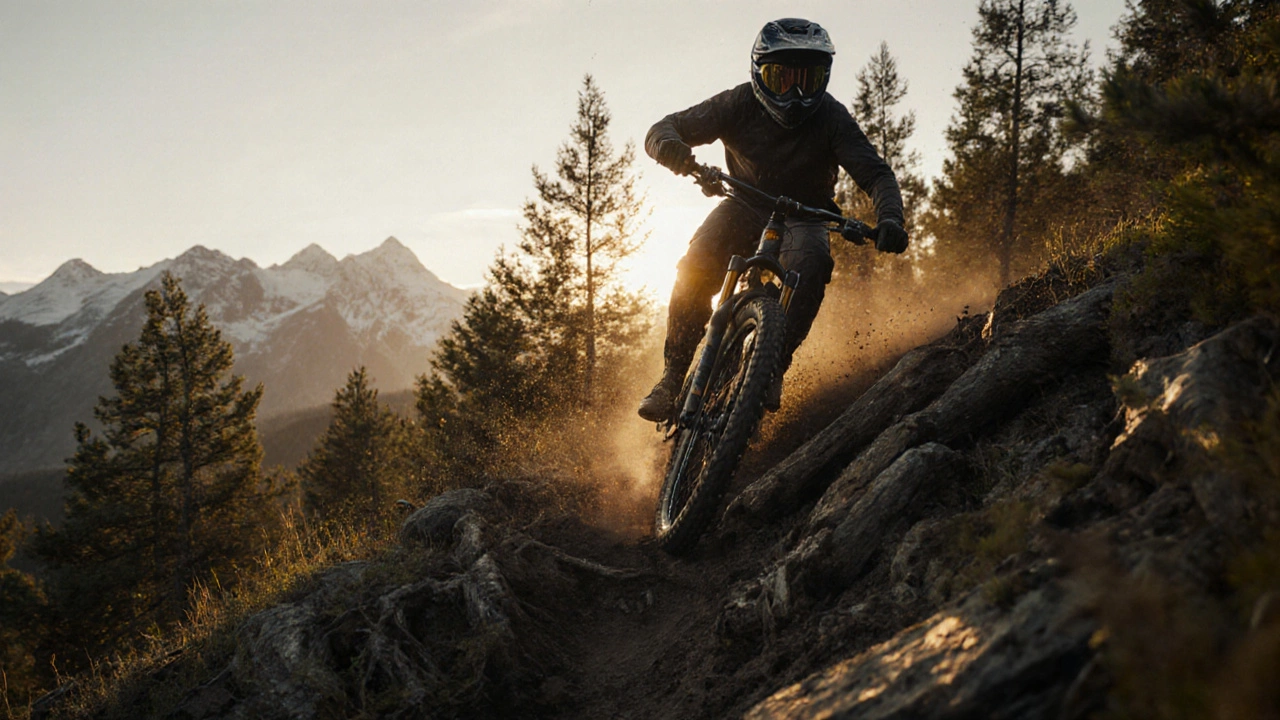 Велосипедист на скорости спускается по скалистому треку в горах Сибири.