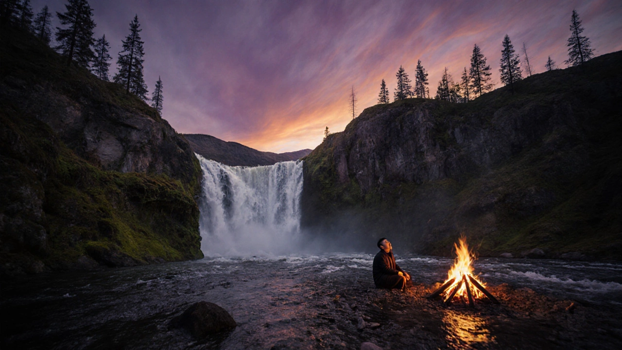 Водопад в Саянах на закате, у костра поёт тувинец, а небо окрашено в пурпурные и оранжевые тона.