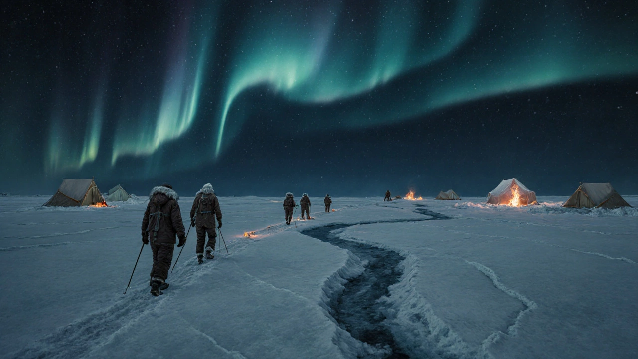 Зимняя экспедиция по льду Байкала ночью под северным сиянием.