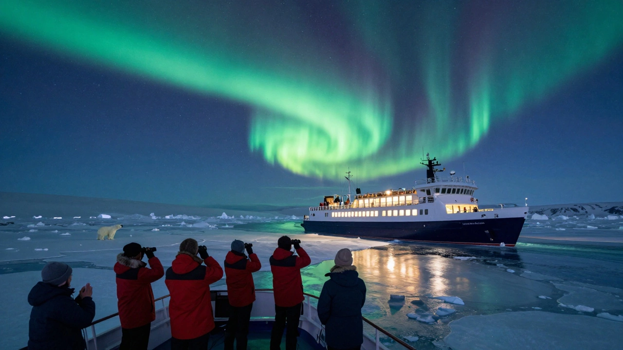 Экспедиционный круиз в Арктике: корабль среди льдин под северным сиянием.