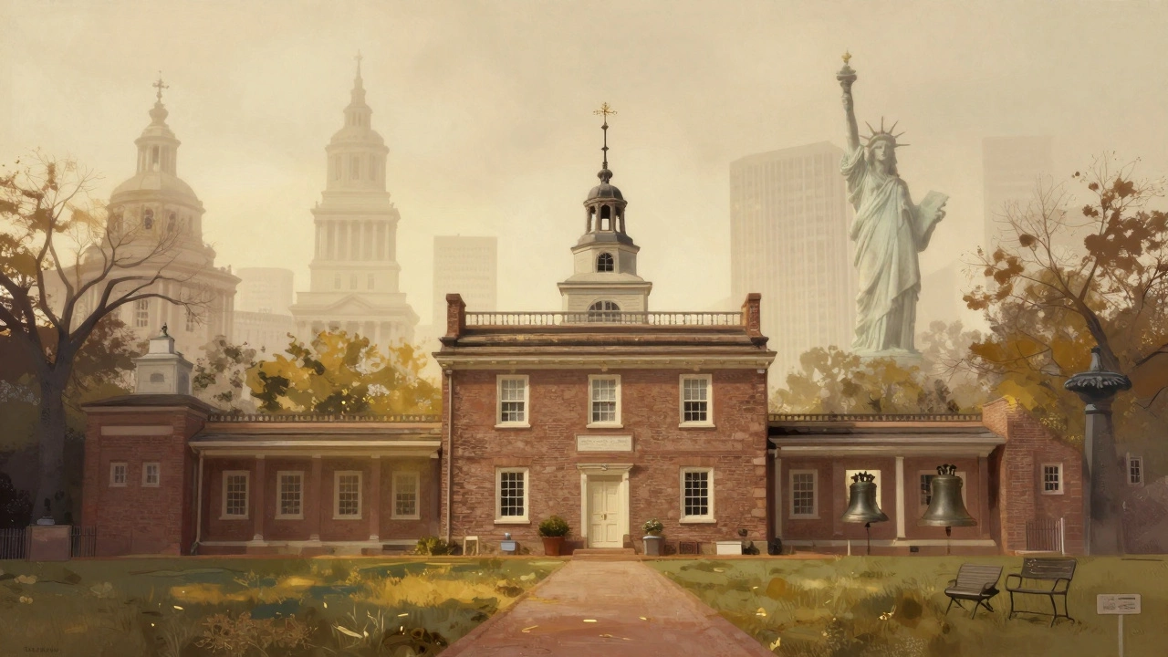 Крошечный дом Косцюшко в центре, окруженный прозрачными силуэтами символов американской демократии.