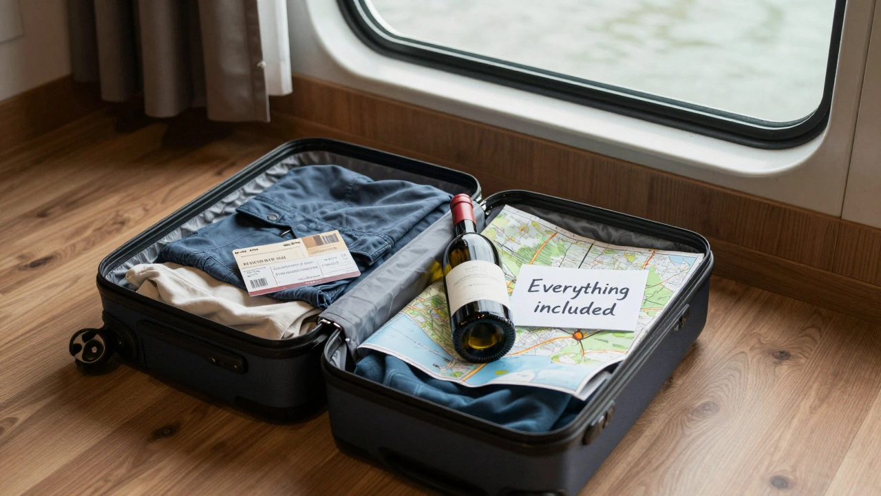 Открытый чемодан в каюте речного круиза с билетами, вином и картой — всё включено.