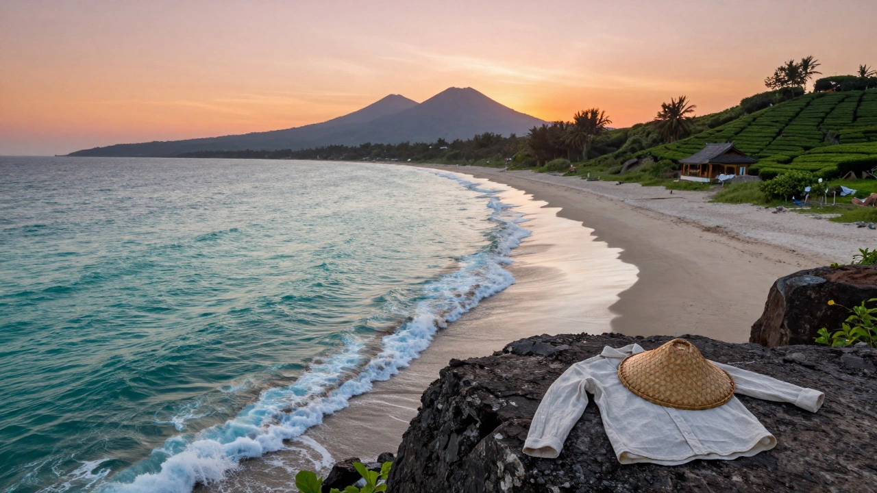 Побережье Тайваня на закате, вулканические холмы и чайные плантации.
