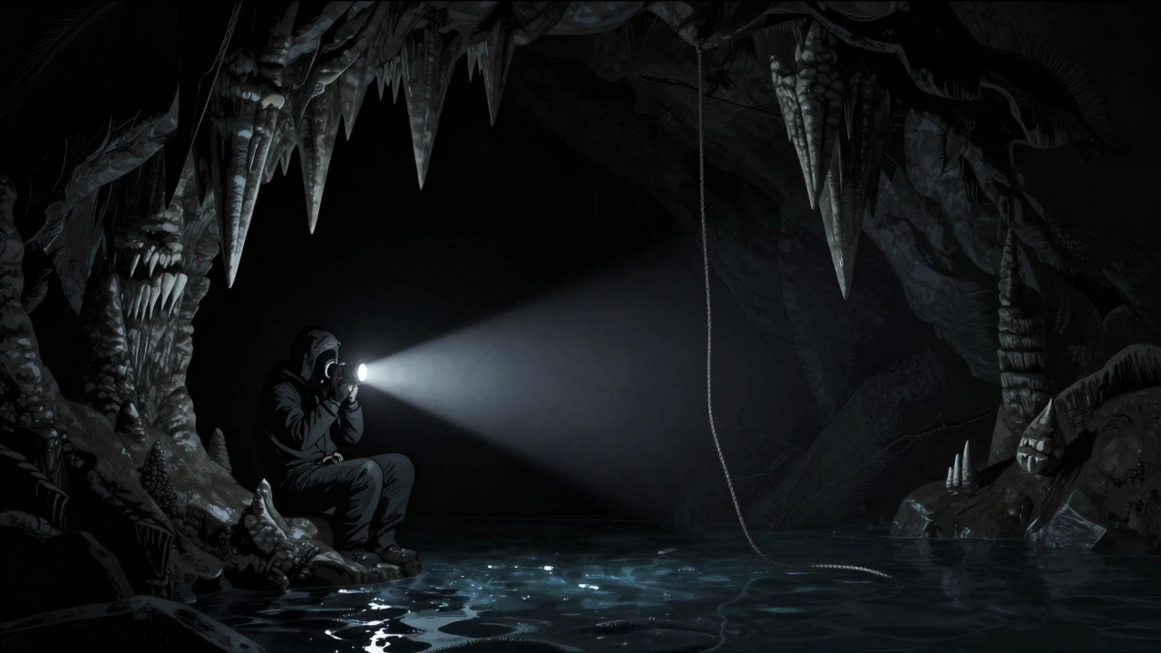 Подводный спелеолог в пещере с фонариком, темная вода и ледяные своды.