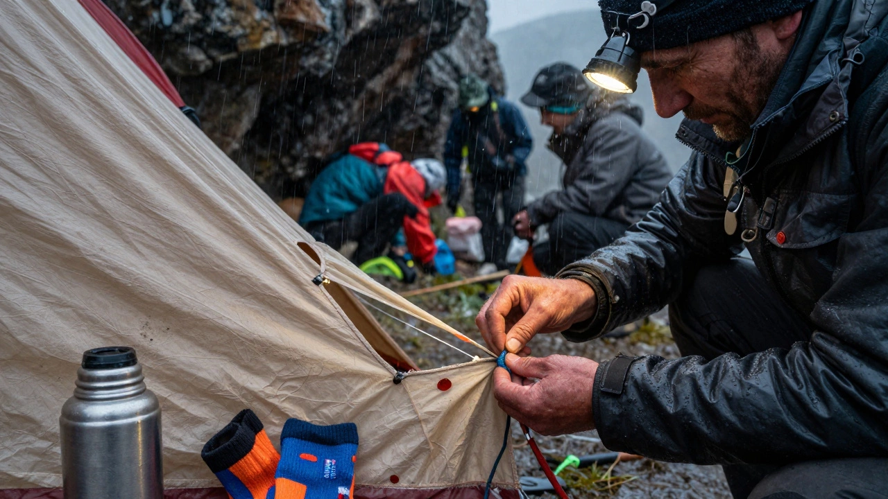 Руки гида чинят палатку во время бури в Алтае, рядом — термос и запасные носки.