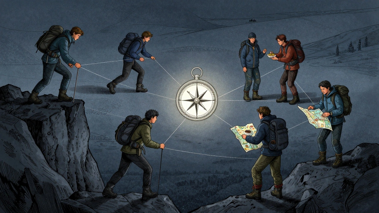 Схема доверия в горах: туристы помогают друг другу, центр — компас лидерства.