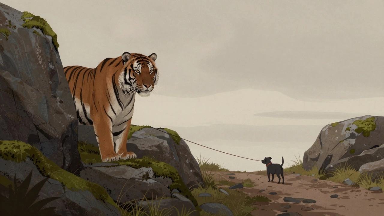 Сибирский тигр наблюдает за собакой на тропе в заповеднике.