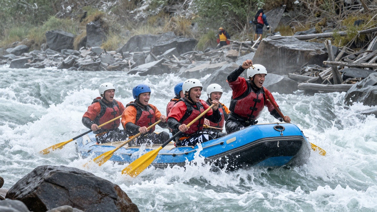 Сплав по бурной реке Катунь в Сибири, рафтеры преодолевают бурные пороги.