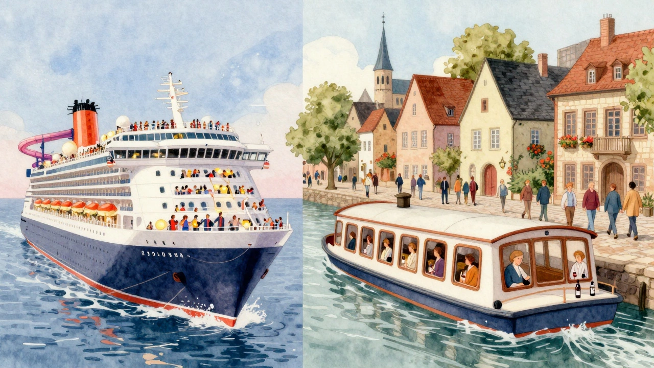 Сравнение океанского и речного круиза: шумная толпа против уютной прогулки по историческому городу.