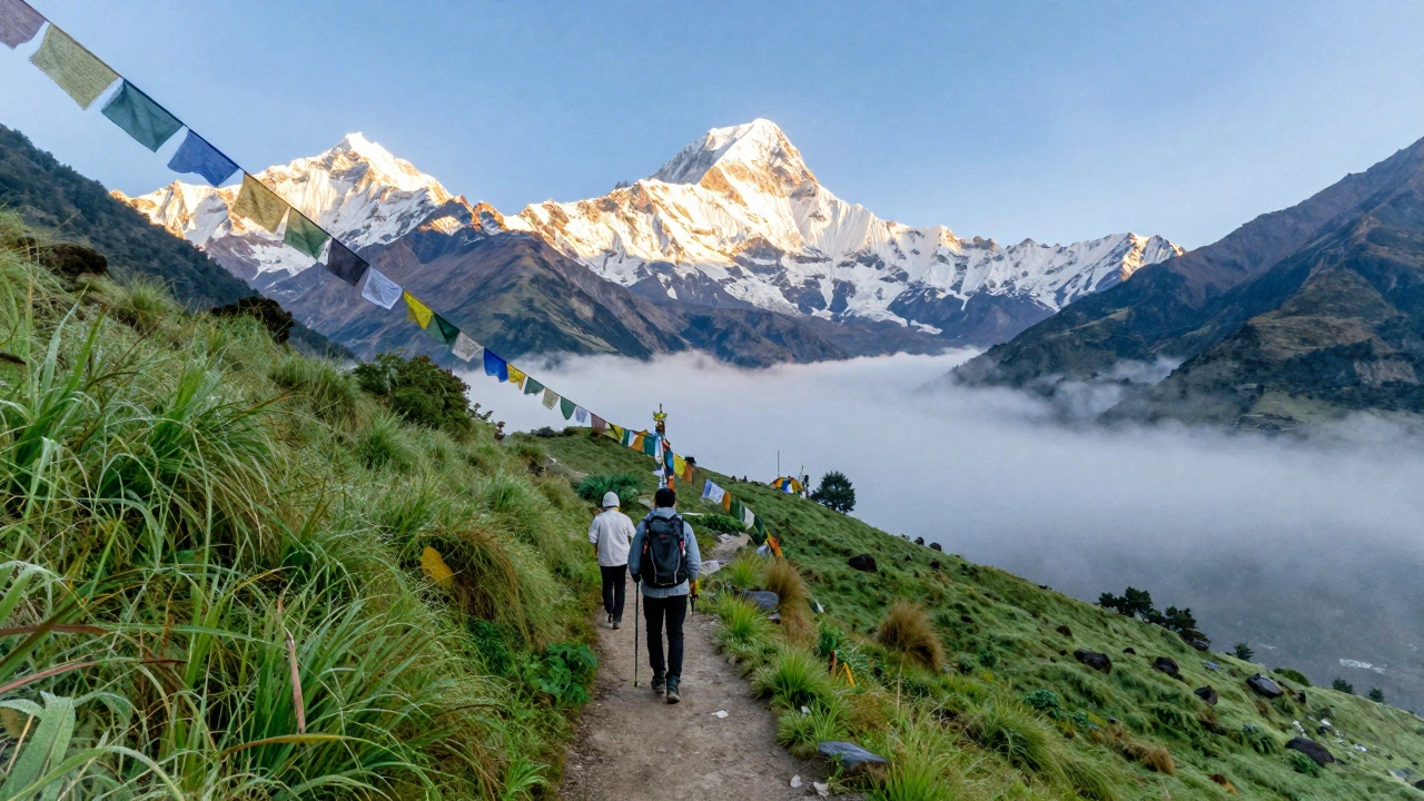 Тропа в Гималаях, Непал, с молитвенными флагами и туманом.